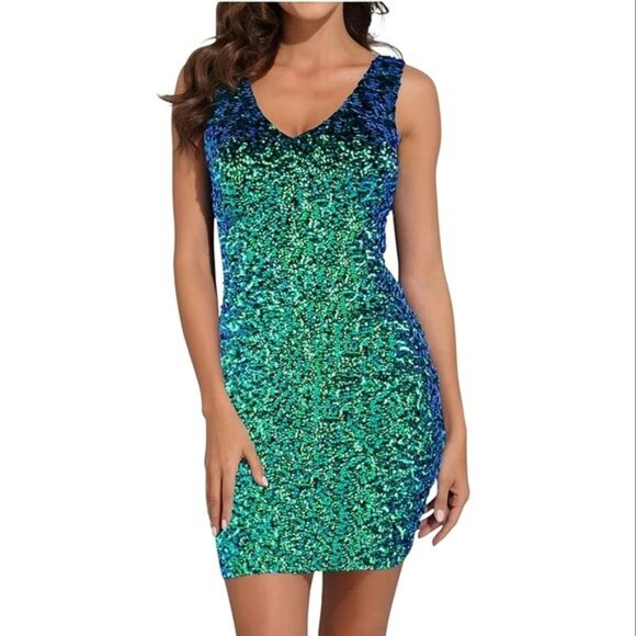 Women's Formal Sequins Mini Dress Size Small Blue Green Bodycon Sexy Cocktail - Picture 2 of 12